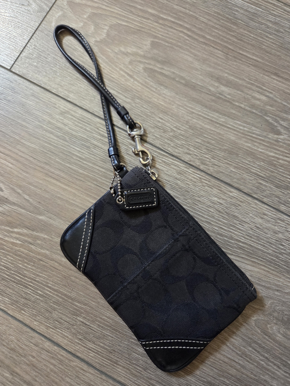 Vintage Coach Black Signature Pattern Wristlet with Leather Trim